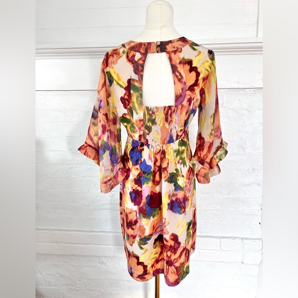 Anthropologie Maeve Deloria Floral Silk Dress Watercolor Kimono Sleeve Petite 4 - Picture 4 of 15